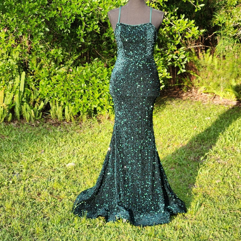 Emerald Green Sequin Mermaid GOWN Maxi Dress Long Formal PROM Low Back Small EXC